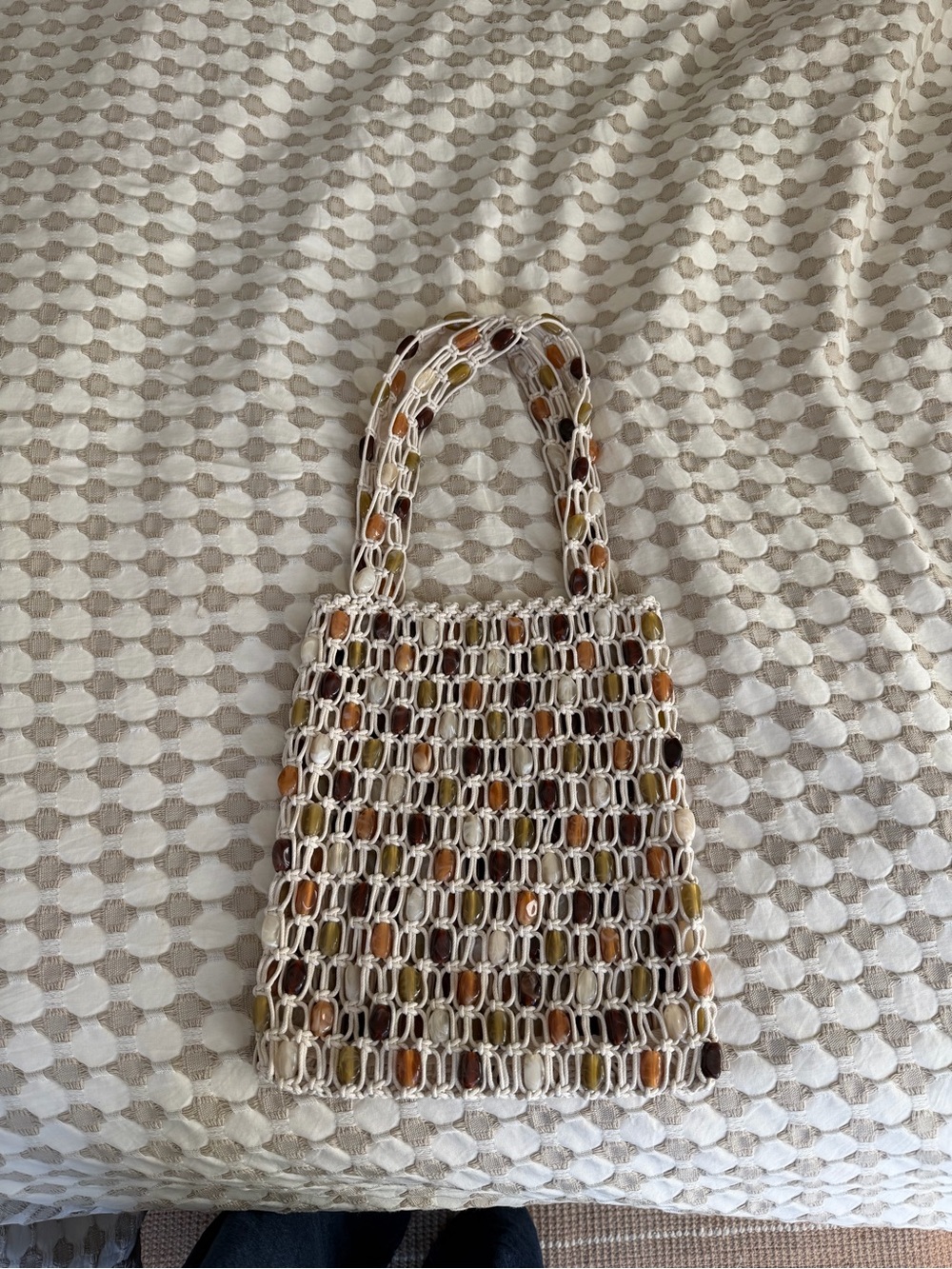 Handwoven Beaded Tote Bag in Cream with Earth Tone Accents